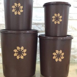 Vintage Tupperware Brown/Chocolate Canisters SET of 4 with Sunburst Lids